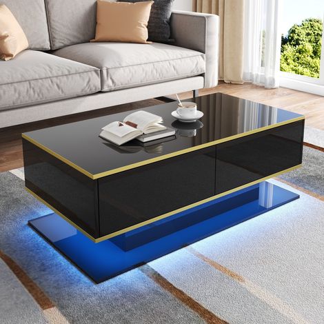 Mesa de centro fija LED 100x50x40 cm, 3 cajones, negra y dorada, paneles de madera, FloraGrace (1/5)