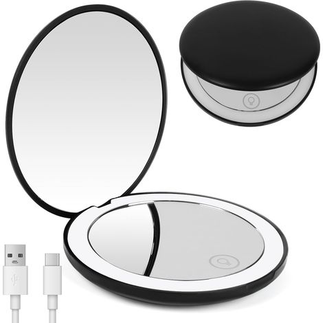 Miroir de Maquillage de Voyage éclairé par LED - Grossissant 1x / 10x,Double Face LED Miroir de Poche Lumineux, Compact et Portable pour Voyage, Petit Miroir Portable de Maquillage（Noir） (1/5)