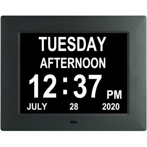 Digital Clock Extra Large Unabbreviated Day Calendar Day Date Time Dementia Clocks for Seniors with Impaired Vision Memory Loss + 8 Alarm Reminders - 7 Inch Black (1/5)
