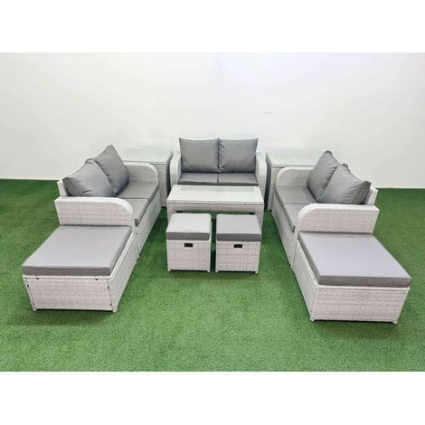 Fimous PE Wicker Rattan Furniture Sofa Sets with Oblong Coffee Table Love Sofa 4 Stools 2 Side Table Light Grey Mixed (1/4)