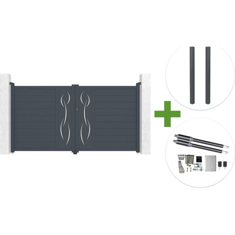 Portail battant 3m LIFE H.160cm aluminium gris + 2 poteaux ELDA + motorisation Ranger B150 (1/5)