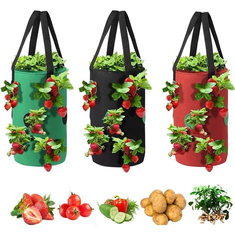 11-Liter-Pflanzsäcke für Erdbeeren und Gemüse, mit 12 Pflanzlöchern, robusten und langlebigen Aufhängeschlaufen, aus dickem, atmungsaktivem Filz, geeignet zum Anpflanzen von Karotten und Zwiebeln. (Ob