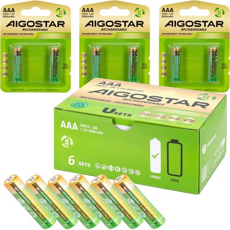 Aigostar Batterie Ricaricabili AAA 900mAh 1.2Volt Minisitlo Alta Qualita 6 Pezzi