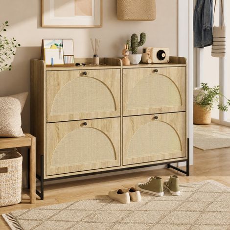 Zapatero (121x25x91.5 cm), con bordes redondeados, ventilación trasera, puertas efecto madera, tablero aglomerado, natural (1/5)