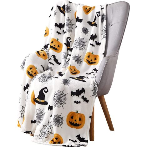 Couverture d'Halloween - Couverture d'Halloween en peluche 127 x 152 cm - Décoration d'Halloween douce et confortable en flanelle grise pour canapé, lit ou salon - Style 1 (1/3)