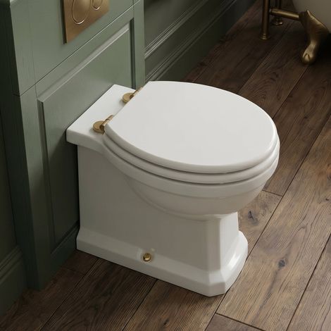 Signature Aphrodite Back to Wall Toilet with Brushed Brass Fittings (inc White Wood Effect Seat) (1/4)