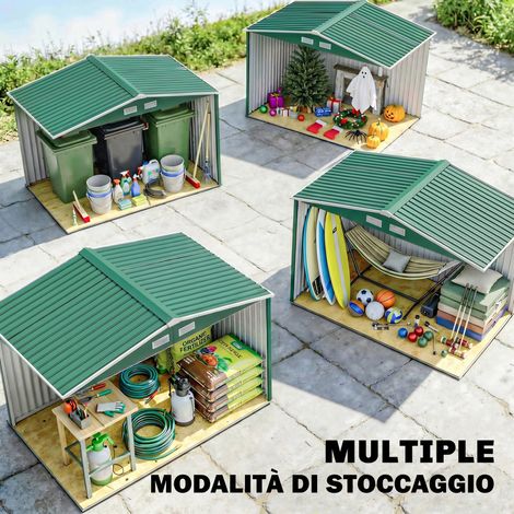 Coffre de Jardin 4,9 m² avec Base Intégrée, 4 Bouches d'Aération et 2 Portes Glissières, Abri de Rangement en Acier, 277x195x192 cm, Vert Foncé (1/5)