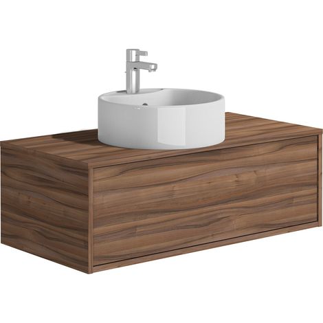 Vente-Unique – Meuble de salle de bain suspendu 94 cm – 1 tiroir coulissant push to open – Vasque ronde 40 cm – Finition lisse en panneau de particule naturel foncé (1/4)