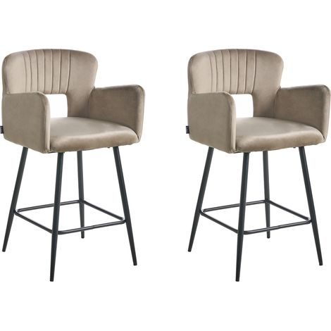 Conjunto de 2 sillas de bar modernas asiento de terciopelo con reposabrazos respaldo acolchado gris pardo Sanilac
