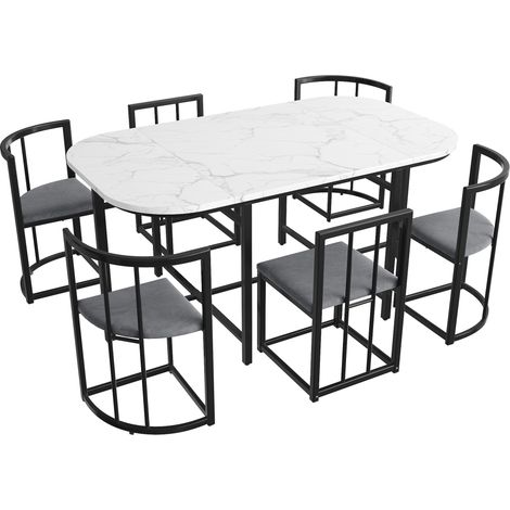 Set da pranzo con tavolo bianco in MDF 140x80 cm e 6 sedie grigie HOMVRA (1/5)