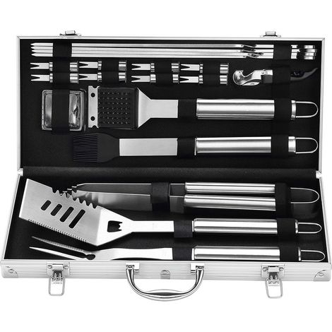 Ensemble d'accessoires complet pour barbecues Online Store, comprenant une spatule extra-épaisse, une fourchette et une pince, le tout en acier inoxydable durable. (1/5)