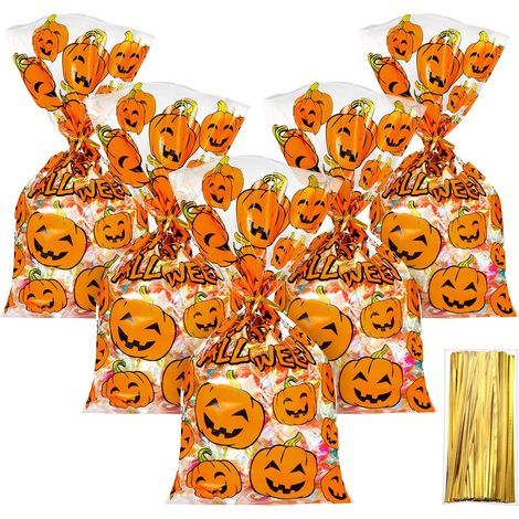 Lot de 50 sacs cellophane à friandises Halloween en forme de citrouille, pochettes avec liens torsadés dorés (1/5)