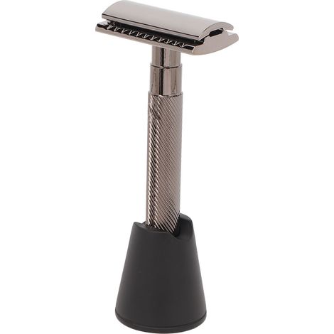 Tondeuse à barbe manuelle à double lame, réutilisable et sécurisée, en alliage, avec support. (1/5)