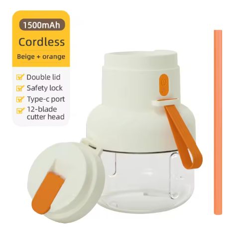 Wiederaufladbarer, tragbarer Zitrusentsafter mit Strohhalm, USB-Ladefunktion, 12-teiligen Edelstahlklingen für frischen Saft jederzeit und überall – Orange