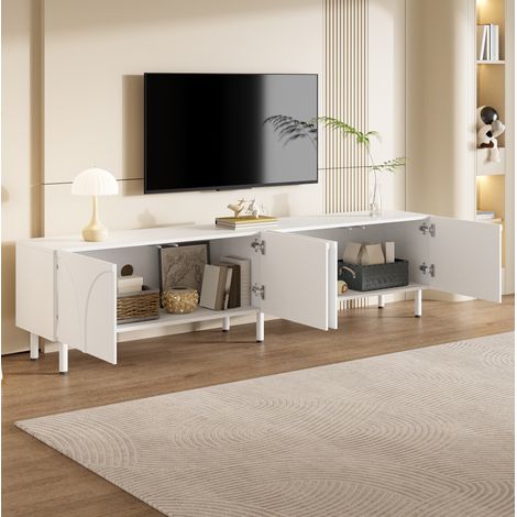 REDOM - Meuble TV 180x35x49 cm, 4 portes, 2 espaces de rangement séparés, pieds métalliques, MDF et panneaux de particules blanc (1/5)