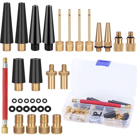 Lntyq 33 Pièces Embout Pompe Velo Gonfleur Ballon, Adaptateur de Valve avec Tuyau de Gonflage, pour Vélo, DV SV AV Adaptateur Pompe Velo avec Boîte de Rangement, Pompe à Vélo et Compresseurs Pompes
