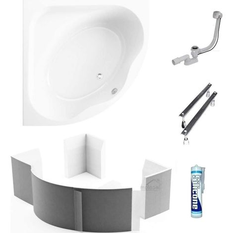 ECOLAM Baignoire d'angle asymétrique Standard 150x150 cm + boîtier universel en polystyrène  siphon et silicone (1/5)