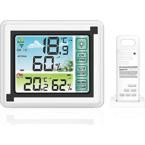 Station Météo Sans Fil Avec Capteur Extérieur Thermomètre et Hygromètre Numérique Intérieur Extérieur Rétroéclairage Réglable avec Grand écran LCD pour la Maison et Le Bureau (1/4)