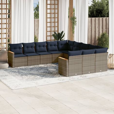 Salon de jardin modulable 11 pièces en rotin PE gris avec coussins bleu marine - PANGIVO (1/5)