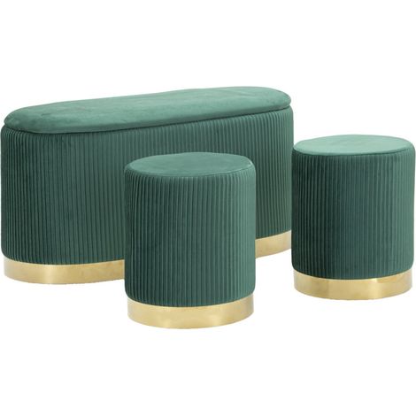 Set 3 pezzi Shopy verde: panca contenitore e 2 sgabelli in velluto a coste con base oro