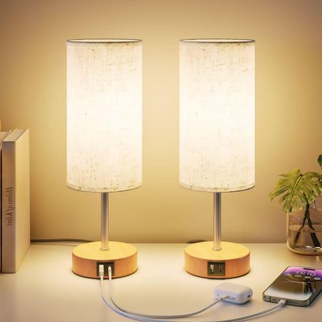 Ensemble de 2 lampes de chevet, lampe de table pour chambre/salon/bureau avec ports USB A+C, lampe de lecture, lampe de bureau, variateur tactile 3 niveaux, câble de 1,5 m, abat-jour en lin (ampoule E (1/5)