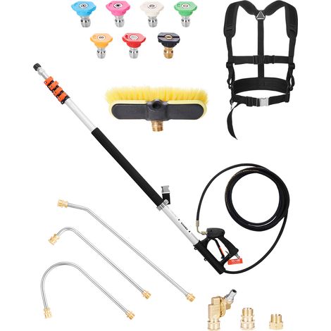 VEVOR Lance Telescopique pour Nettoyeur Haute Pression 6358 mm, Baguette Pulverisation Telescopique 4000 psi avec Rallonges, Tete Brosse, Coupleur Pivotant, 7 Buses, Harnais de Support, pour Gouttiere (1/5)