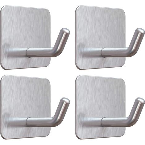 Ganchos adhesivos de acero inoxidable plateados (paquete de 4), resistentes, impermeables y sin clavos, para cocina, baño, ducha, pared, toallas, sombreros, llaves, utensilios.