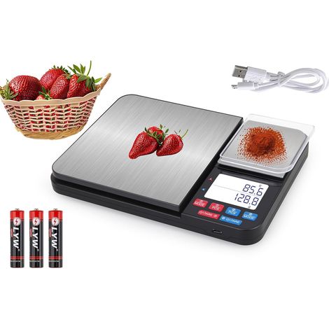 Balance de cuisine numérique rechargeable de 5 kg (11 lb et 17,6 oz) avec double plateforme et balance alimentaire (0,1 g/0,01 g), 7 unités pour la pâtisserie, la cuisine et le pesage des aliments-Aqu (1/5)
