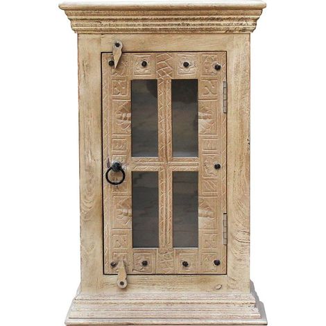 Armoire murale en bois de manguier clair sculpté avec porte vitrée style colonial - PANGIVO (1/5)