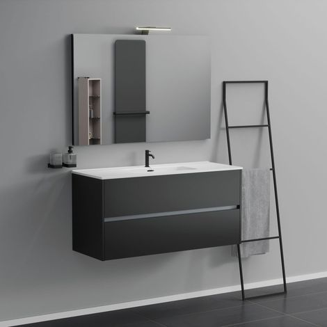 Inda - Badezimmerschrank 2 Schubladen L.120 mit Waschbecken, Spiegel und Lampe - Mattschwarz