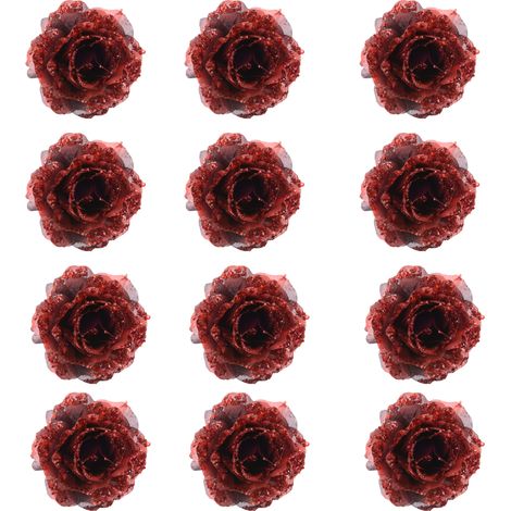 OFFERTA 12 ROSE APPENDIBILI CON CLIP 14CM CON GLITTER BORDEAUX