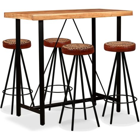 Mesa y 4 taburetes bar madera maciza acacia cuero real y lona vidaXL (1/5)