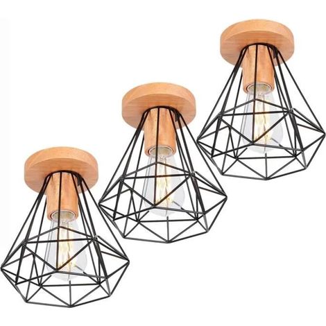 U-Do 3Pcs Plafonnier Intérieur style Vintage Cage frome Diamant en Métal Noir Lampe en Bois pour Salon Cuisine (1/4)