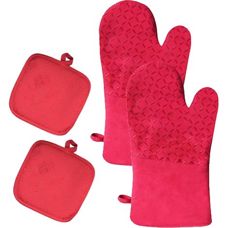 Gant Four, Maniques Cuisine, Gant Cuisine, 2 Pièces Gants de Cuisine et 2 Pièces Maniques en Coton, Résistant à la Chaleur 260°C, pour la Cuisine, la Pâtisserie et Les Grillades (Rouge) (1/5)