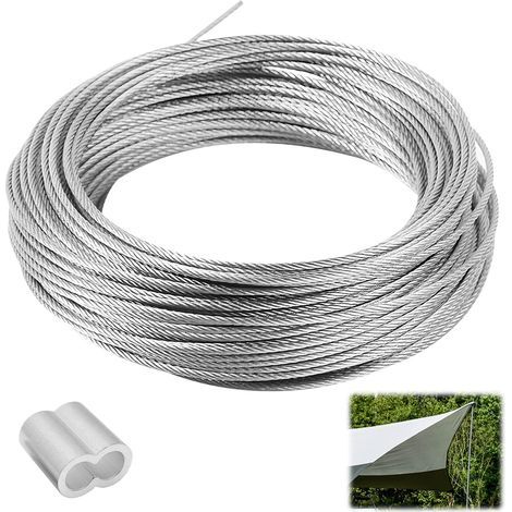 50 m x 1 mm Cable Acier, Corde Câble Métallique avec 50 Boucles de Sertissage en Aluminium, Flexible de Corde d\'acier Inoxydable, Fil de Suspension Haute Performance pour Décorations Murales, Phot (1/5)