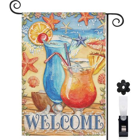 Drapeau vertical cocktails et fleurs de plage 30 x 45 cm décoration saisonnière extérieure (1/5)