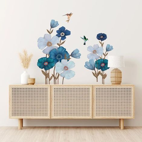 Blue and White Flower Wall Stickers, Floral Plant Wall Decals with Flying Birds for Living Rooms, Bedrooms, Homes, Offices, Sofa Background Wall Decoration (1/5)