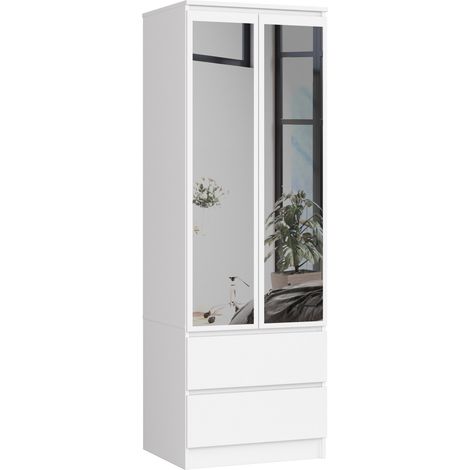 Akord – Armoire blanche 60 cm avec miroir – 2 portes battantes – 2 tiroirs – Panneau stratifié – Dimensions 60x51x180 cm