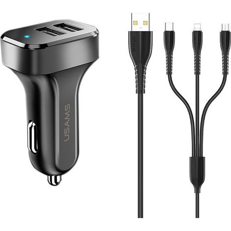 Caricabatterie da auto 2.1A usams 2xUSB 3 in 1 Nero (1/4)