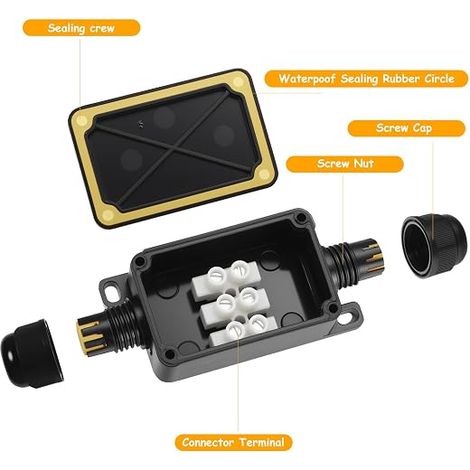 Outdoor Waterproof Junction Box, Mini 2-Way Connection Box for Cables 3-6.5 mm Diameter (Black) (1/4)
