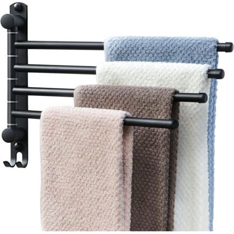 Black rotating wall-mounted towel rack, SUS304 stainless steel towel rack, space-saving 4-arm towel rack, bathroom towel rack (1/4)