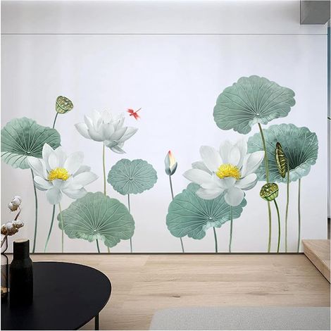 BEBUSINGOTO Riesige Lotusblumen-Wandaufkleber, blaues Lotusblatt, Libelle, Wandaufkleber, abnehmbare Wanddekoration für Wohnzimmer, Schlafzimmer, Badezimmer, Fernseher, Hintergrunddekoration (grün) (1/5)
