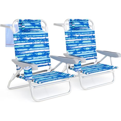 2 Chaise Pliable Léger avec 5 Positions Ajustables, Oreiller de Tête, Barre à Serviette, Accoudoirs & Porte-Gobelet, Sac à Dos pour Camping, Bleu (1/5)