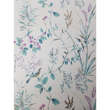 Floral Birds Wallpaper Teal Plum Gold Metallic Flower Shimmer Fine Decor Mariko (1/4)