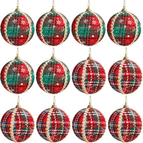 Christmas Bauble (Set of 12) - 8cm Green and Red Tartan Christmas Baubles with String - Christmas Tree Baubles for Indoor Christmas Decoration and Christmas Tree Hanging (1/4)