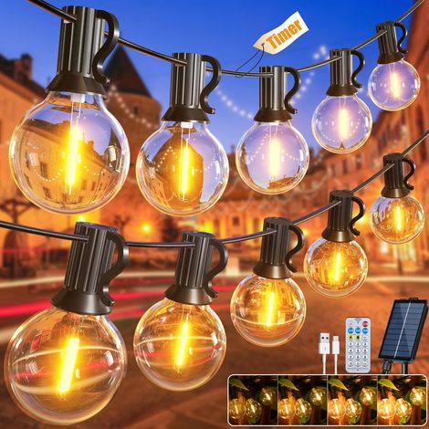 Catena di luci solari da esterno da 30 m, Luce da giardino ricaricabile tramite USB con telecomando e 50+2 lampadine LED G40, 8 modalità, timer, IP44