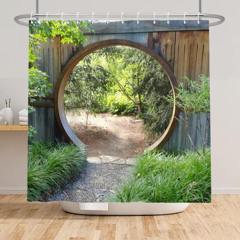 105x160cm Rideau de Douche Paysage de Jardin Vert Botanique Feuilles Naturelles de Village, Porte en Bois Farmhouse pour Salle de Bain avec Crochets (1/5)