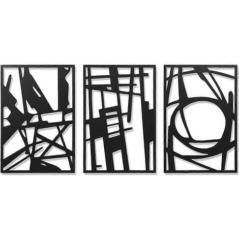 Ensemble de 3 sculptures murales abstraites modernes en métal noir, style minimaliste géométrique, idéal pour la décoration du salon et de la chambre. (1/5)