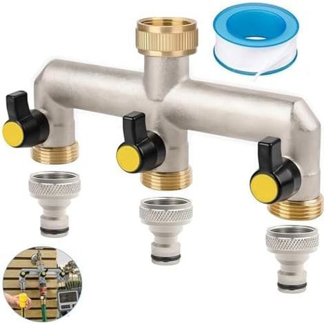 Robinet Distributeur 3 Voies, d'eau Voies 3/4, Adaptateur Tuyau Arrosage, Connecteur pour Régler et Fermer le Débit d'eau, Répartiteur voies, Maison, Jardin Fr-3 - (1/5)
