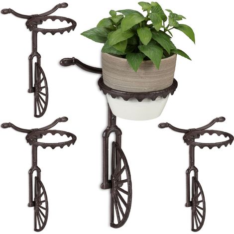4 x Wand Blumenhalter Einrad, Gusseisen, Deko Wandblumentopfhalter für draußen, wetterfest, Ø 13 cm, dunkelbraun